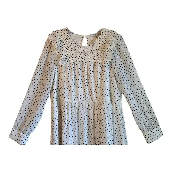 MADEWELL Women S Shift Dress Polka Dot Cream White & Black Smocked Ruffles Midi - Picture 2 of 10